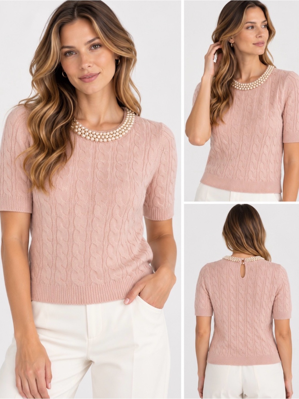 Joie Soft Pink 100% Cashmere Cable Knit Pearl Neck Sweater XL